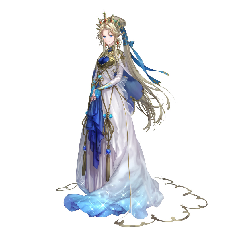 absurdres blonde_hair blue_eyes breasts capelet commentary_request detached_sleeves dress female fire_emblem fire_emblem:_mystery_of_the_emblem fire_emblem_heroes full_body gold_trim gradient_clothes highres jewelry long_dress long_hair long_skirt long_sleeves looking_at_viewer medium_breasts nyna_(fire_emblem) official_art own_hands_together parted_bangs ponytail skirt solo standing suzuki_rika tiara turtleneck very_long_hair white_background