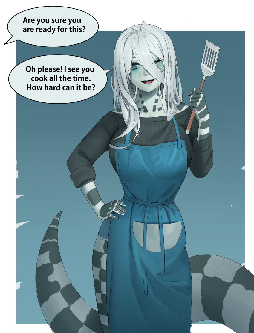 ;d absurdres apron bad_id bad_twitter_id black_sweater blue_apron boonie_baby borrowed_character breasts english_text fangs female green_eyes grey_hair hair_between_eyes hand_on_own_hip highres holding holding_spatula ivy_(sparrowl) lamia looking_at_viewer monster_girl one_eye_closed open_mouth original pale_skin slit_pupils smile solo spatula speech_bubble striped_skin sweater tail