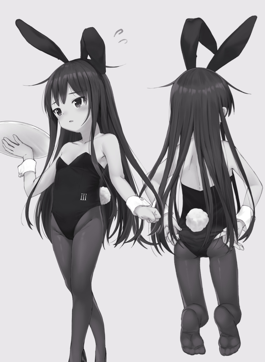 absurdres akatsuki_(kancolle) animal_ears commentary_request dx_(dekusu) fake_animal_ears female flat_chest greyscale highres kantai_collection kneeling long_hair monochrome multiple_views pantyhose playboy_bunny rabbit_ears rabbit_tail simple_background soles tail tray wrist_cuffs