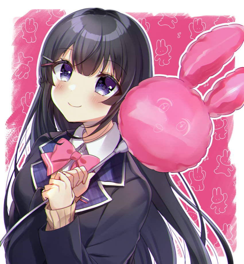 absurdres bad_id bad_pixiv_id black_hair black_jacket blazer blue_eyes blush bow braid breasts brown_sweater closed_mouth collared_shirt commentary dress_shirt female hair_between_eyes hair_ornament hairclip hands_up highres holding jacket long_hair long_sleeves looking_at_viewer medium_breasts minami_saki nazono_mito nijisanji pink_bow school_uniform shirt sleeves_past_wrists smile solo sweater symbol-only_commentary tsukino_mito tsukino_mito_(1st_costume) upper_body very_long_hair virtual_youtuber white_shirt