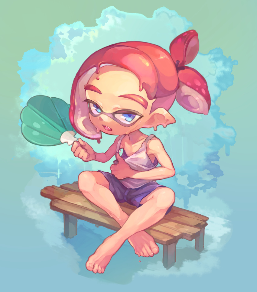 1boy bad_id bad_pixiv_id barefoot blue_eyes feet full_body hand_fan highres looking_at_viewer male_focus mkakimikan open_mouth ponytail red_hair shorts solo splatoon_(series) splatoon_2 sweat tank_top tentacle_hair