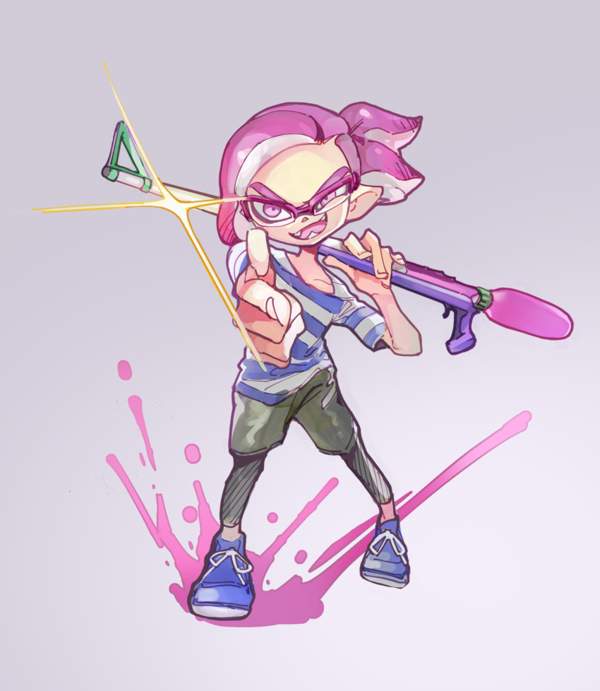 1boy fangs full_body glasses highres inkling inkling_boy inkling_player_character leggings looking_at_viewer male_focus mkakimikan pointing pointing_at_viewer ponytail purple_background purple_eyes purple_hair shirt shoes shorts simple_background smile sneakers solo splat_charger_(splatoon) splatoon_(series) splatoon_2 striped_clothes striped_shirt tentacle_hair