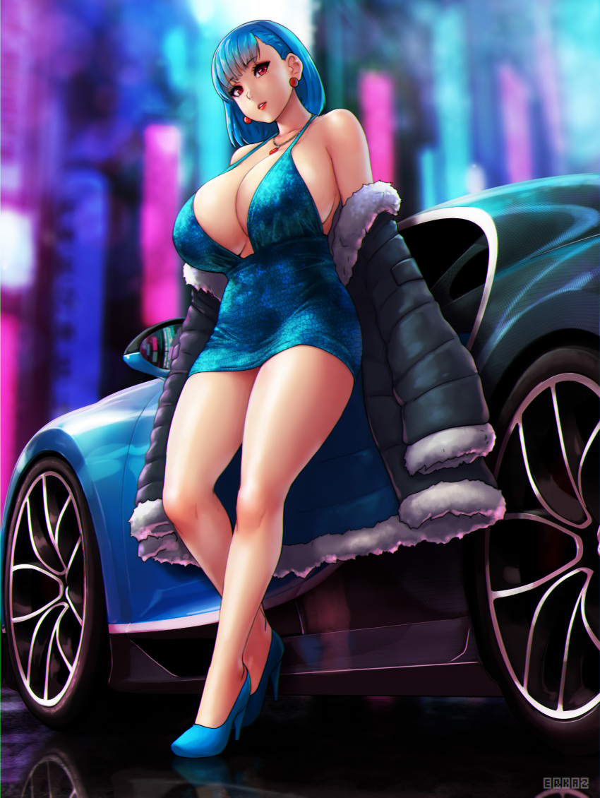 bare_shoulders blue_dress blue_footwear blue_hair breasts bugatti bugatti_chiron car cleavage coat dress earrings erkaz female full_body fur_collar fur_trim halter_dress halterneck high_heels highres huge_breasts jewelry long_hair motor_vehicle necklace off_shoulder original outdoors parted_lips plunging_neckline red_eyes revealing_clothes rina_atherina short_dress solo sports_car st._louis_(azur_lane) st._louis_(luxurious_wheels)_(azur_lane) standing thick_thighs thighs unworn_coat