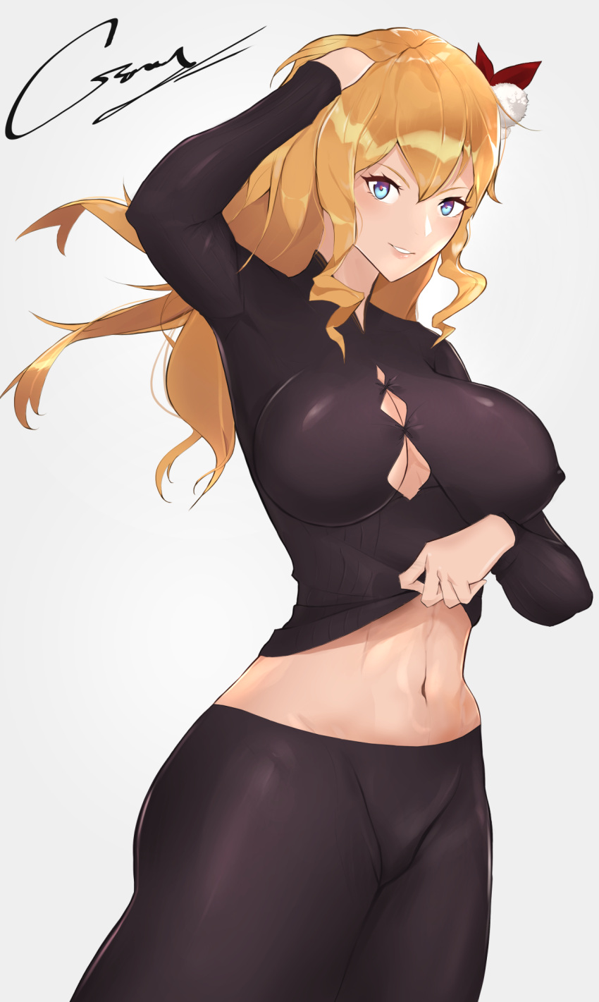 abs artist_name black_pants black_shirt blonde_hair blue_eyes breasts clothes_lift digi-crey feet_out_of_frame female girls'_frontline hand_in_own_hair highres long_hair long_sleeves looking_at_viewer medium_breasts mosin-nagant_(blade_of_white_steel)_(girls'_frontline) mosin-nagant_(girls'_frontline) navel official_alternate_costume open_mouth pants parted_lips shirt shirt_lift smile solo standing white_background