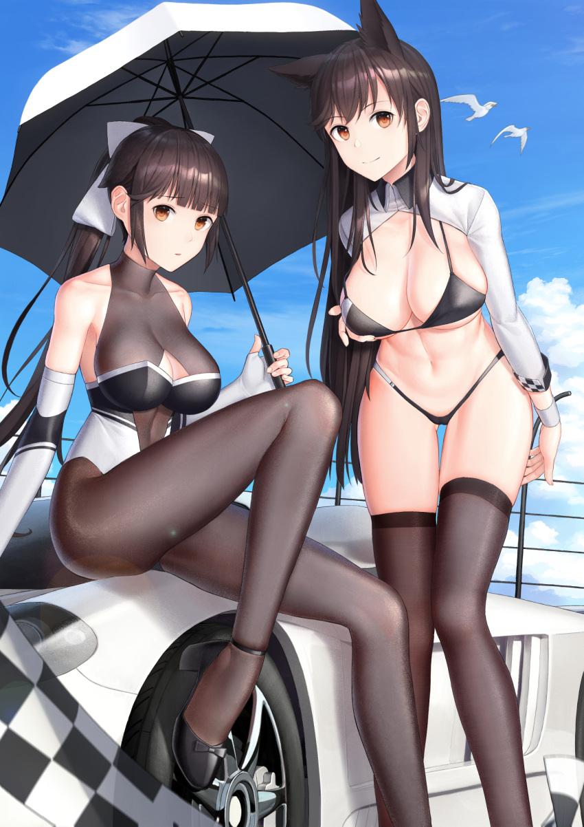 2girls adjusting_clothes animal_ears artist_name ass_visible_through_thighs atago_(azur_lane) atago_(stunning_speedster)_(azur_lane) azur_lane bare_shoulders bikini bird black_bikini black_bow black_footwear black_hair blue_sky blush bodystocking bow breasts brown_eyes car checkered_flag cleavage cleavage_cutout closed_mouth clothing_cutout cloud cloudy_sky collarbone commentary day extra_ears feet_out_of_frame fine_fabric_emphasis flag floppy_ears footwear_bow high_heels highres kep_(ahokep) leotard logo long_hair long_sleeves looking_at_viewer md5_mismatch midriff mole mole_under_eye motor_vehicle multicolored_leotard multiple_girls navel official_alternate_costume on_vehicle outdoors pantyhose ponytail race_queen ribbon saleen saleen_s7 seagull shrug_(clothing) sidelocks sitting sitting_on_car skindentation sky sleeve_cuffs smile stomach strap_gap swept_bangs swimsuit takao_(azur_lane) takao_(full_throttle_charmer)_(azur_lane) two-tone_bikini two-tone_leotard very_long_hair white_bow white_footwear white_ribbon wrist_cuffs