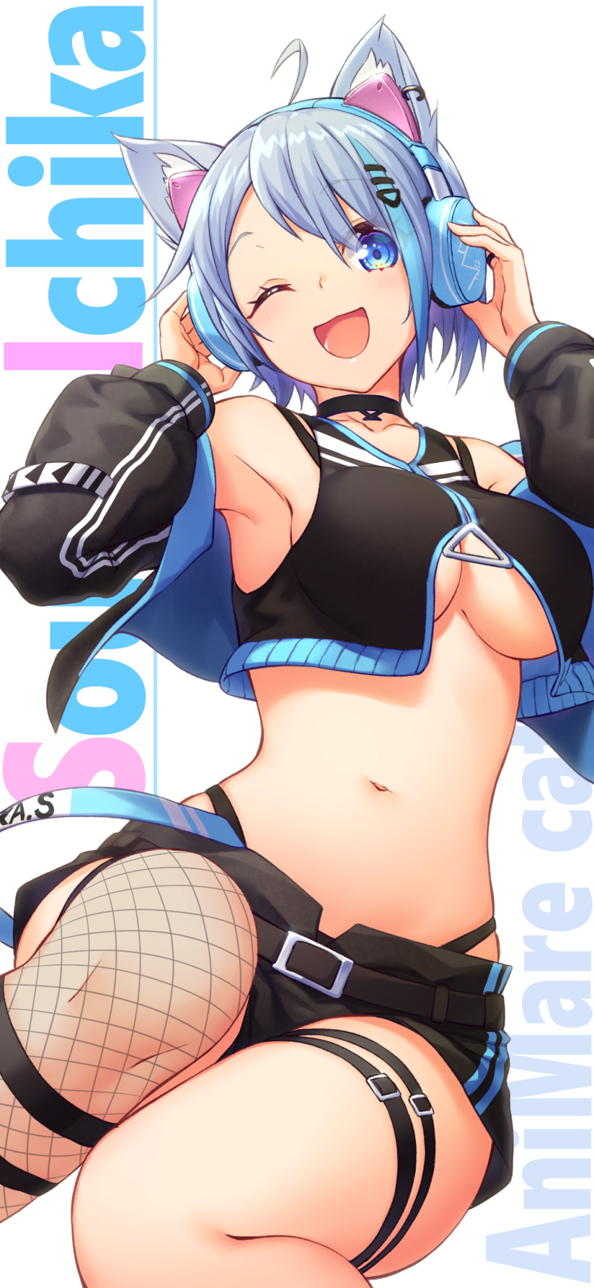 ;d ahoge animal_ears animare armpits bare_shoulders belt black_choker black_jacket black_shirt black_shorts blue_eyes blue_hair breasts character_name choker cleavage crop_top crop_top_overhang cropped_jacket female fishnet_thighhighs fishnets hands_on_headphones hands_up headphones highleg highres jacket large_breasts long_sleeves looking_at_viewer midriff multicolored_hair nanashi_inc. navel nishino_eri no_bra off_shoulder one_eye_closed open_clothes open_jacket open_mouth puffy_sleeves shirt short_hair short_shorts shorts sleeveless sleeveless_shirt smile solo souya_ichika souya_ichika_(4th_costume) stomach streaked_hair thigh_strap thighhighs thighs underboob virtual_youtuber white_background