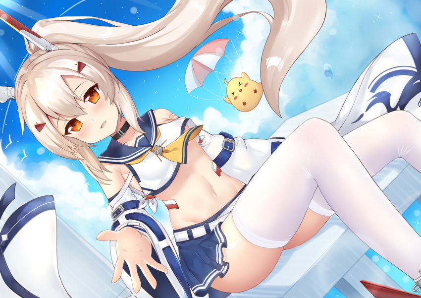 ascot ayanami_(azur_lane) ayanami_(retrofit)_(azur_lane) azur_lane bare_shoulders bird black_choker blue_skirt chick choker cloud crop_top crop_top_overhang day detached_sleeves dutch_angle female floating_hair grey_hair kana_(kuaua) long_hair long_sleeves looking_at_viewer manjuu_(azur_lane) midriff miniskirt navel orange_eyes parted_lips pleated_skirt ponytail sailor_collar shirt sitting skindentation skirt sky solo stomach sunlight thighhighs thighs very_long_hair white_shirt white_thighhighs wide_sleeves