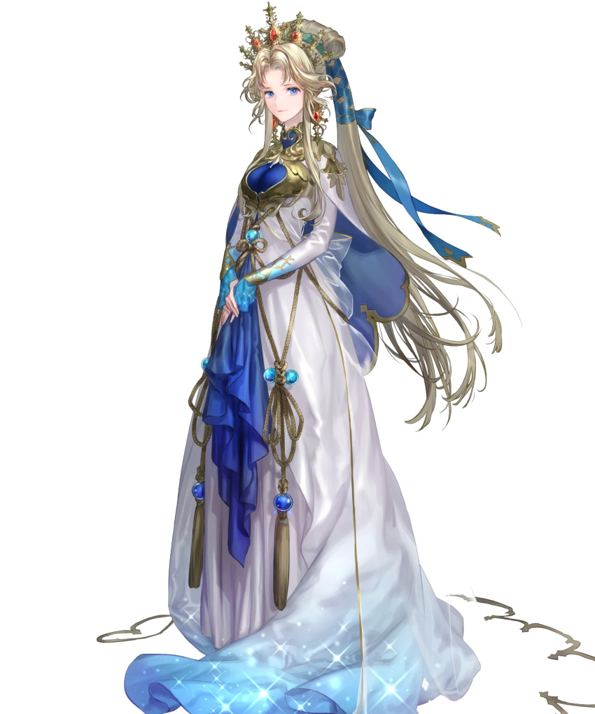 blonde_hair blue_eyes breasts capelet detached_sleeves dress female fire_emblem fire_emblem:_mystery_of_the_emblem fire_emblem_heroes gold_trim gradient_clothes highres jewelry long_dress long_hair long_skirt long_sleeves looking_at_viewer medium_breasts non-web_source nyna_(fire_emblem) official_art own_hands_together parted_bangs ponytail skirt solo standing suzuki_rika tiara transparent_background turtleneck very_long_hair