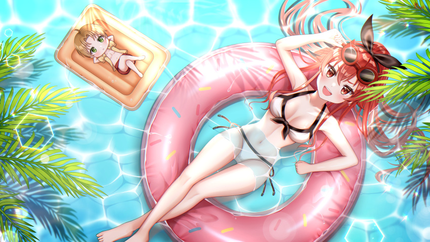 1boy :d absurdres adjusting_eyewear afloat ahoge alternate_costume arm_up bare_legs barefoot bikini black_bow blonde_hair blush bow breasts chibi chromatic_aberration commentary cousins crossed_ankles crossed_legs day doughnut_innertube eris_greyrat eyewear_on_head female foot_out_of_frame from_above front-tie_bikini_top front-tie_top green_eyes hand_on_eyewear highres inflatable_raft innertube lens_flare long_hair long_legs looking_at_viewer lying medium_breasts mushoku_tensei navel non-circular_lens_flare ocean on_back open_mouth outdoors palm_leaf partially_submerged pink_innertube red_eyes red_hair red_innertube rina10 rudeus_greyrat side-tie_bikini_bottom smile sunglasses swim_ring swimsuit thigh_gap water white_bikini