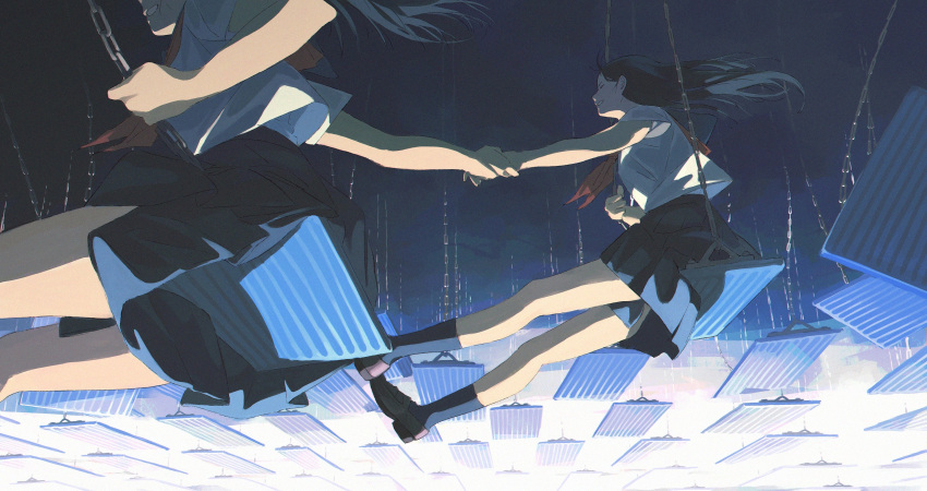 2girls bare_arms black_hair black_legwear black_skirt blue_background blue_skirt chains floating_hair from_below from_side highres holding_hands jiankun_yu kneehighs laughing loafers long_hair multiple_girls neckerchief original outstretched_arm outstretched_leg profile red_neckerchief school_uniform serafuku shirt_overhang shoes short_sleeves skirt socks swing