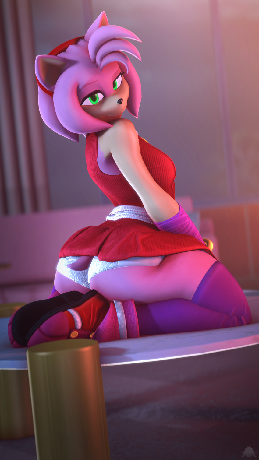 3d_(artwork) 4k 9:16 absurd_res amy_rose anthro blurred_background clothing digital_media_(artwork) domibun dress eulipotyphlan female footwear fur furniture green_eyes hair hedgehog hi_res inside kneeling legwear looking_at_viewer mammal on_table panties pink_body pink_fur pink_hair purple_clothing purple_legwear purple_thigh_highs red_clothing red_dress sega shoes shoulderless_dress sitting sitting_on_table sofa solo sonic_the_hedgehog_(series) source_filmmaker_(artwork) table thick_thighs thigh_highs underwear warfare_amy warfare_machine white_clothing white_panties white_underwear