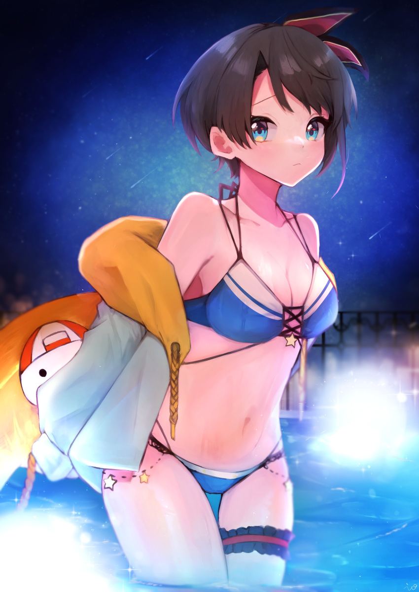 absurdres bikini black_hair blue_bikini blue_eyes blush breasts cleavage collarbone duplicate female hair_ribbon highres hololive jacket looking_at_viewer mashiro_io medium_breasts navel oozora_subaru open_clothes open_jacket pixel-perfect_duplicate ribbon short_hair solo swept_bangs swimsuit thigh_strap thighs virtual_youtuber water