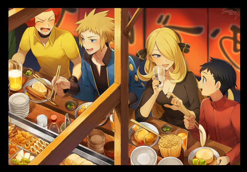 3boys black_border black_choker black_nails black_shirt black_wristband blonde_hair blue_eyes blue_jacket border breasts choker chopsticks cleavage collared_shirt commentary_request cup cynthia_(pokemon) eating female flint_(pokemon) food food_stand glass grey_eyes hair_ornament hair_over_one_eye holding holding_cup jacket long_hair long_sleeves lucas_(pokemon) medium_breasts multiple_boys nail_polish noren oden open_clothes open_jacket plate pokemon pokemon_dppt red_hair shirt short_hair short_sleeves spiked_hair table volkner_(pokemon) yatai yellow_shirt yukin_(es)