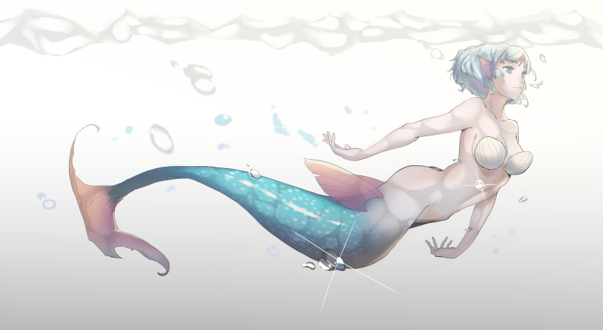 absurdres air_bubble ass bad_id bad_pixiv_id blue_eyes blue_hair bottomless breasts bubble cleavage closed_mouth female fins from_side full_body glint gradient_background head_fins highres jiankun_yu looking_away mermaid monster_girl original shell shell_bikini short_hair solo submerged water