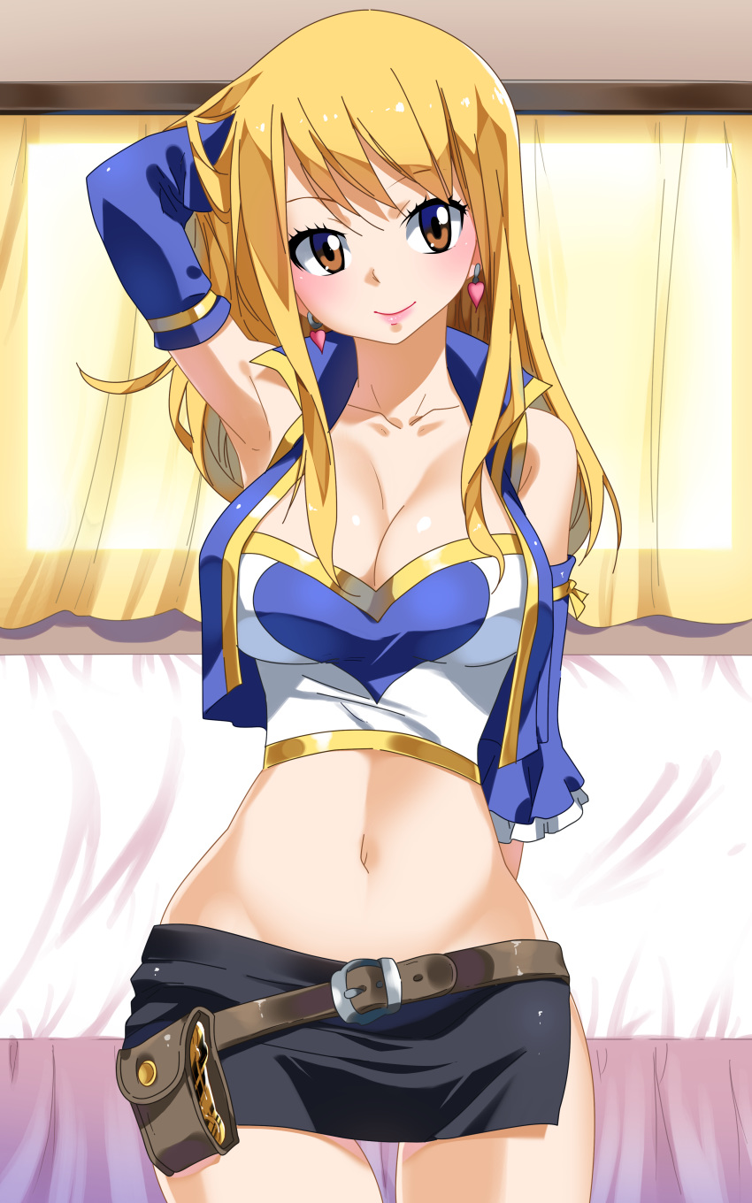 absurdres arm_behind_back bed bed_sheet bedroom belt belt_buckle black_skirt blonde_hair blush breasts brown_eyes buckle cleavage closed_mouth commission cowboy_shot elbow_gloves fairy_tail female gloves highres indoors jacket jewelry large_breasts long_hair looking_at_viewer lucy_heartfilia miniskirt navel planeptune ribbon shiny side_slit skirt smile solo standing stomach window