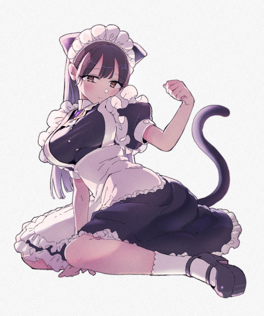 alternate_costume apron between_legs black_dress black_footwear black_hair blush boku_no_kokoro_no_yabai_yatsu brown_eyes cat_tail dress ena1215 enmaided fake_tail female full_body hand_between_legs highres long_hair maid maid_apron maid_headdress paw_pose puffy_short_sleeves puffy_sleeves shoes short_sleeves simple_background sitting socks solo tail white_background white_socks yamada_anna