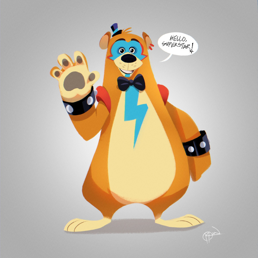 1:1 2022 4_fingers anthro anthrofied barefoot bear biped black_eyes black_nose bow_tie bracelet clothing dialogue digital_drawing_(artwork) digital_media_(artwork) ear_piercing english_text exclamation_point eyebrows eyelashes eyeshadow feet fingers five_nights_at_freddy's five_nights_at_freddy's:_security_breach fur gesture glamrock_freddy greeting grey_background hat headgear headwear hi_res jewelry krossan_(artist) lineless looking_at_viewer makeup male mammal multicolored_body multicolored_fur paws pear-shaped_figure piercing scottgames signature simple_background small_hat smile solo speech_bubble standing steel_wool_studios talking_to_viewer tan_body tan_fur text toony top_hat two_tone_body two_tone_fur waving waving_at_viewer wide_hips