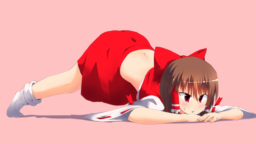 bow brown_hair commentary cookie_(touhou) detached_sleeves female frilled_hair_tubes frills full_body hair_between_eyes hair_tubes hairbow hakurei_reimu hands_on_ground highres jack-o'_challenge kurotsuki_hiiragi no_shoes open_mouth pink_background red_bow red_eyes red_shirt red_skirt reu_(cookie) ribbon-trimmed_sleeves ribbon_trim shirt short_hair simple_background skirt sleeveless sleeveless_shirt socks solo spread_legs top-down_bottom-up touhou white_sleeves white_socks wide_spread_legs