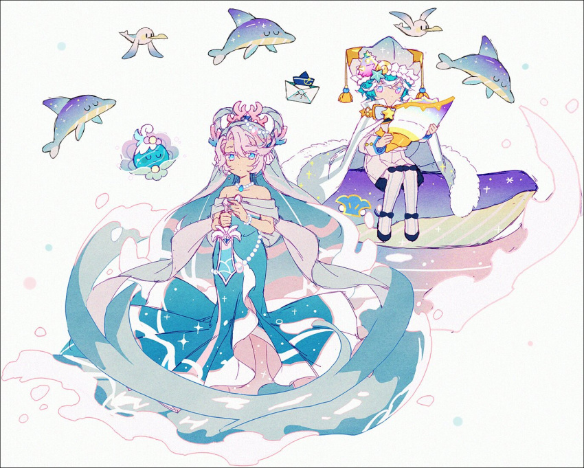 1boy blue_cape blue_dress blue_eyes blue_hair blue_headwear blue_whale cape closed_mouth conch cookie_run coral_hair_ornament dolphin dress female fur-trimmed_cape fur_trim gem hair_rings hakusai_(tiahszld) hat holding holding_shell holding_sword holding_weapon humanization knees_together_feet_apart lolicon looking_at_viewer multicolored_hair off-shoulder_dress off_shoulder official_alternate_costume pearl_(gemstone) peppermint_cookie pink_hair sea_fairy_cookie shell shirt shorts sitting streaked_hair sword water wave_print weapon whale white_shirt white_shorts