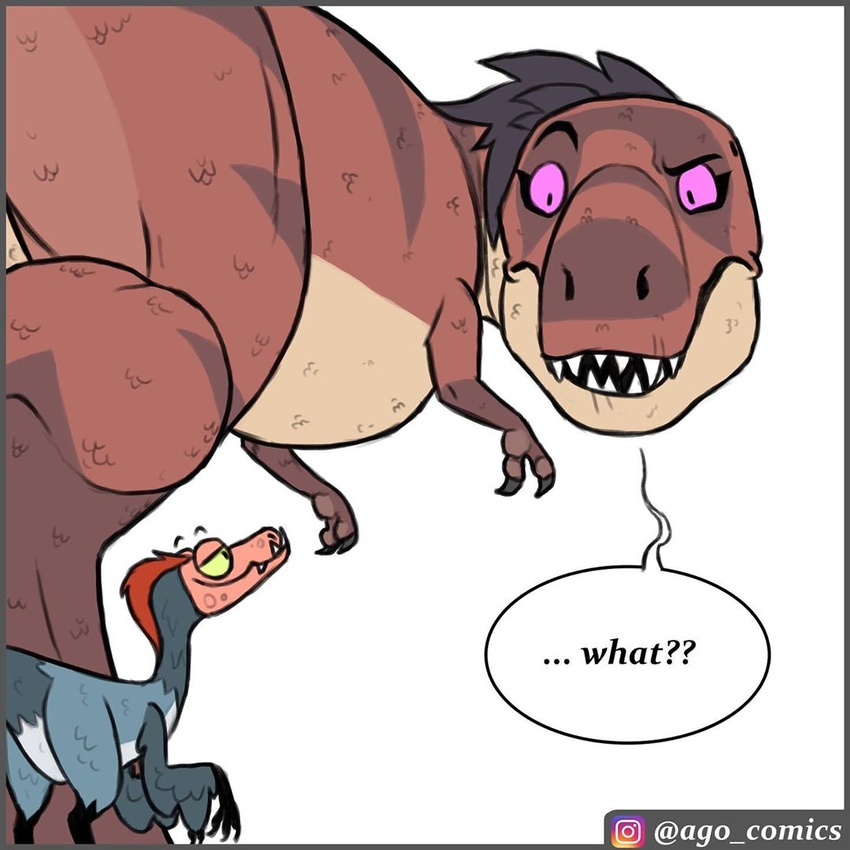 1:1 ambiguous_gender dialogue dinosaur dromaeosaurid duo english_text extinct feral open_mouth pet_foolery prehistoric_species reptile roxy_the_t-rex scalie sharp_teeth simple_background size_difference speech_bubble teeth text theropod twig_the_velociraptor tyrannosaurid tyrannosauroid tyrannosaurus tyrannosaurus_rex velociraptor