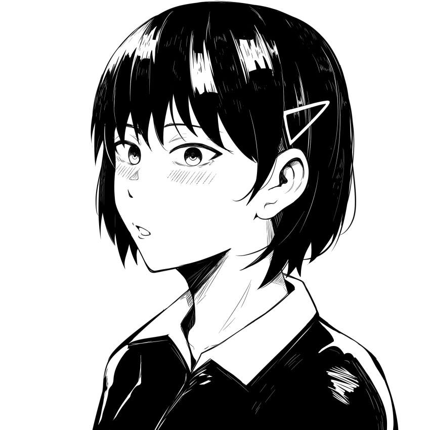 anetani_anne blush bob_cut close-up female greyscale hair_ornament hairclip highres jacket looking_at_viewer loose_hair_strand monochrome murenase!_shiiton_gakuen noocmi parted_lips portrait short_hair simple_background solo white_background