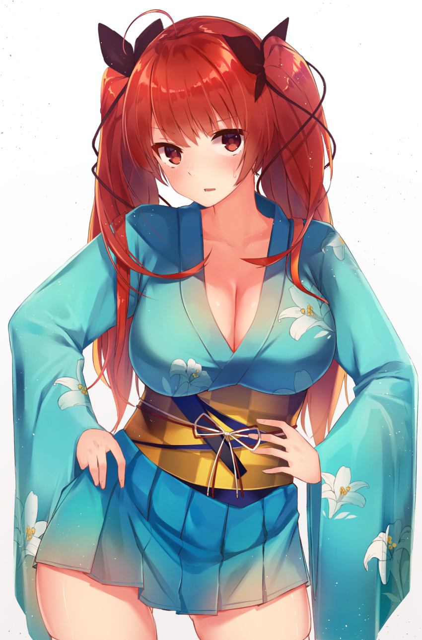 absurdres azur_lane blue_kimono blush breasts checkered_sash cleavage commentary_request female floral_print flower hair_flower hair_ornament hands_on_own_hips highres honolulu_(among_the_stalls)_(azur_lane) honolulu_(azur_lane) japanese_clothes kimono large_breasts long_hair looking_at_viewer obi official_alternate_costume open_mouth oshino_rinn red_eyes red_hair sash simple_background solo sweatdrop thighhighs twintails very_long_hair white_background white_thighhighs wide_sleeves yukata