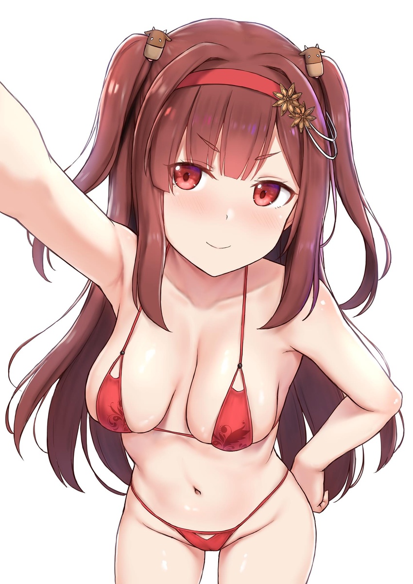 arm_up armpits bikini breasts brown_hair cai_geng cameltoe closed_mouth cowboy_shot female hair_ornament hairband hand_on_own_hip highres long_hair medium_breasts navel red_bikini red_eyes shiny_skin sidelocks simple_background smile solo string_bikini swimsuit two_side_up v-shaped_eyebrows white_background xiaohong_(you_can_eat_the_girl) you_can_eat_the_girl