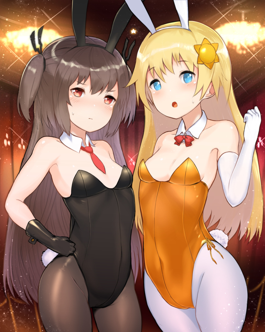 2girls :o animal_ears black_gloves black_leotard blue_eyes bow bowtie breasts brown_hair brown_legwear closed_mouth cowboy_shot detached_collar elbow_gloves fake_animal_ears fake_tail gloves hair_ornament highres leotard looking_at_viewer multiple_girls necktie orange_leotard pantyhose playboy_bunny rabbit_ears rabbit_tail red_bow red_bowtie red_eyes red_necktie short_necktie small_breasts standing strapless strapless_leotard sweatdrop tail two_side_up unizou viprpg white_gloves white_legwear wing_collar