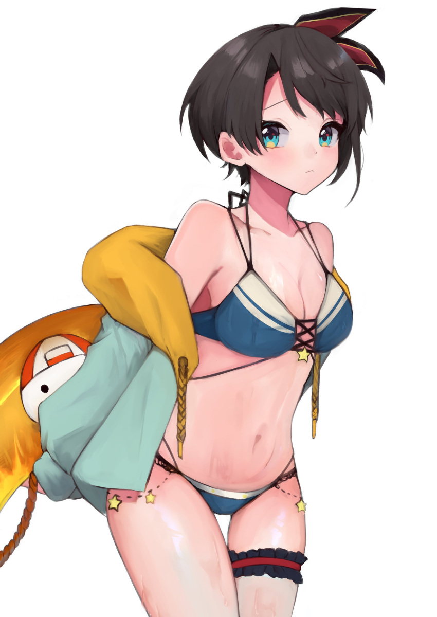 absurdres bikini black_hair blue_bikini blue_eyes blush breasts cleavage collarbone female hair_ribbon highres hololive jacket looking_at_viewer mashiro_io medium_breasts navel oozora_subaru open_clothes open_jacket ribbon short_hair simple_background solo stomach swept_bangs swimsuit thigh_strap thighs virtual_youtuber white_background