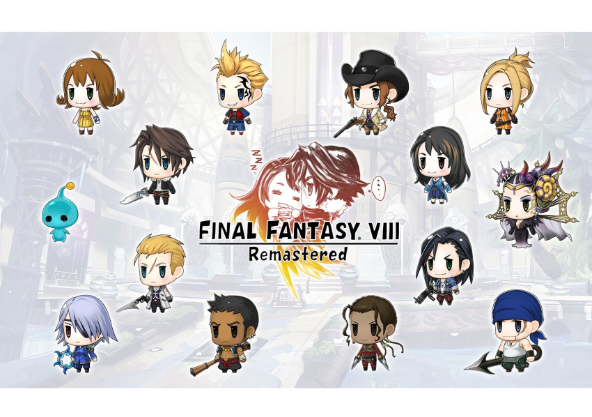 ... 5girls 6+boys bandana blonde_hair brown_hair chakram chibi closed_eyes commentary copyright_name cowboy_hat drooling edea_kramer english_commentary everyone final_fantasy final_fantasy_viii fuujin_(ff8) gun gunblade hat highres hug irvine_kinneas izumisawa_yasuhisa kiros_seagill laguna_loire logo_parody multiple_boys multiple_girls official_art pupu_(ff8) quistis_trepe raijin_(ff8) rinoa_heartilly seifer_almasy selphie_tilmitt sleeping smile spoken_ellipsis squall_leonhart staff ward_zabac weapon zell_dincht