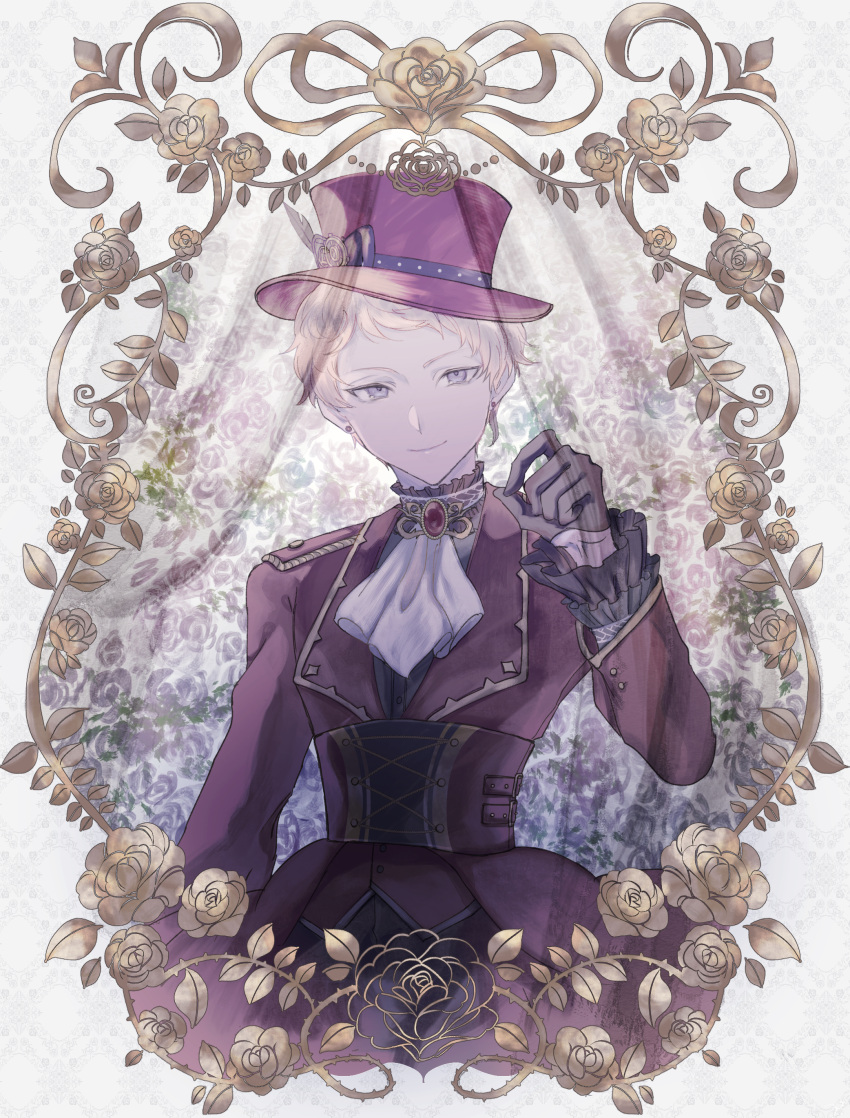 1boy absurdres ascot black_gloves black_shirt blonde_hair brooch corset curtains earrings ensemble_stars! floral_background floral_print flower framed gloves golden_rose grey_eyes hat highres itsuki_shu jacket jewelry long_sleeves looking_at_viewer male_focus mismatched_earrings miwaku_geki_(ensemble_stars!) purple_eyes purple_jacket rose rose_print shirt short_bangs short_hair smile stud_earrings tmym_(totoak0812) top_hat upper_body white_ascot white_background