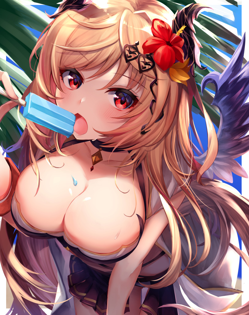 40_(0f0urw) absurdres bare_shoulders beach bikini blue_sky blush breasts cleavage dark_angel_olivia day female flower food granblue_fantasy hair_flower hair_ornament highres horns large_breasts leaning_forward long_hair looking_at_viewer miniskirt olivia_(summer)_(granblue_fantasy) open_mouth orange_hair popsicle red_eyes skirt sky solo swimsuit wings