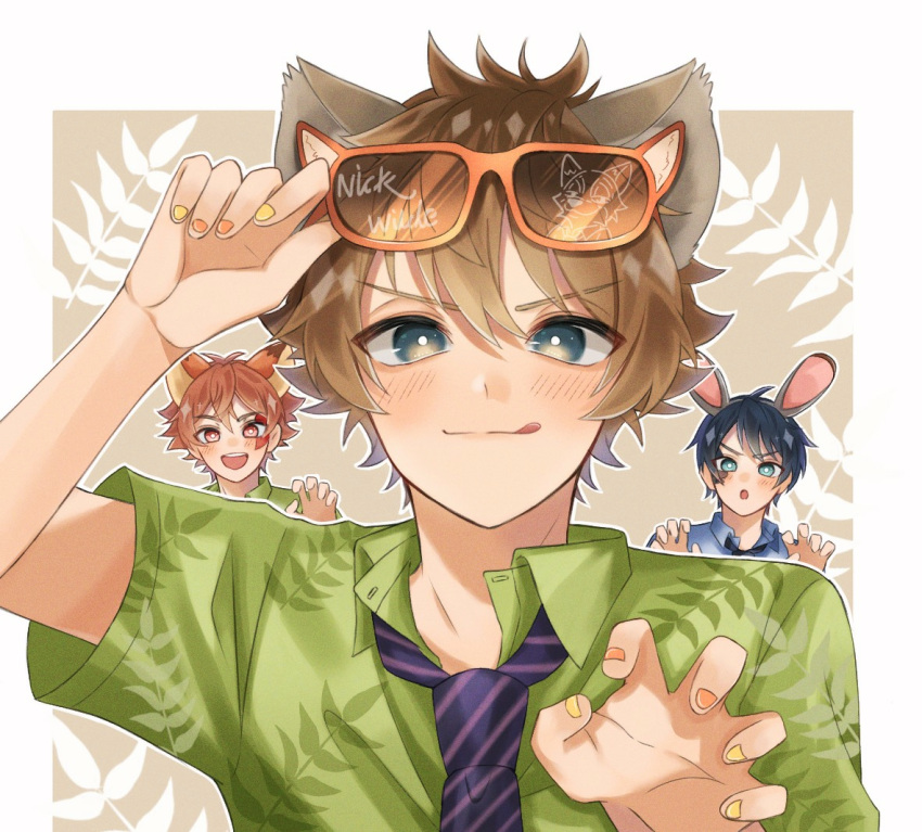 3boys ace_trappola animal_ears blush brown_hair claw_pose cosplay deuce_spade eyewear_on_head green_shirt hands_up hyena_boy hyena_ears judy_hopps judy_hopps_(cosplay) male_focus multicolored_nails multiple_boys nail_polish nana_(eegm4275) nick_wilde nick_wilde_(cosplay) orange_nails ruggie_bucchi shirt short_hair smile sunglasses tongue tongue_out twisted_wonderland upper_body yellow_nails zootopia