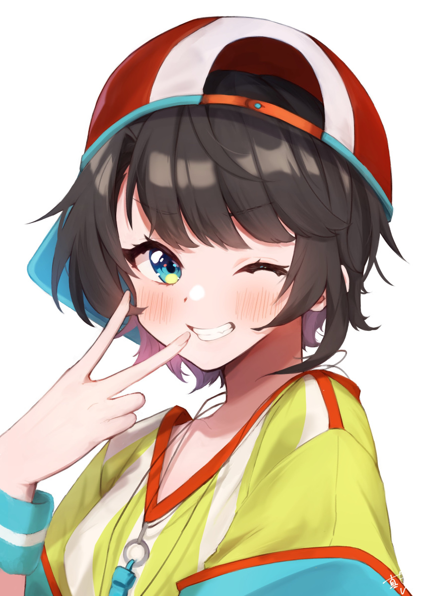 :d absurdres baseball_cap black_hair female green_eyes grin hat highres hololive hood hoodie mashiro_io one_eye_closed oozora_subaru oozora_subaru_(1st_costume) shirt short_hair simple_background smile solo star_(symbol) striped_clothes striped_shirt swept_bangs teeth tomboy upper_body v vertical-striped_clothes vertical-striped_shirt virtual_youtuber whistle whistle_around_neck white_background yellow_shirt