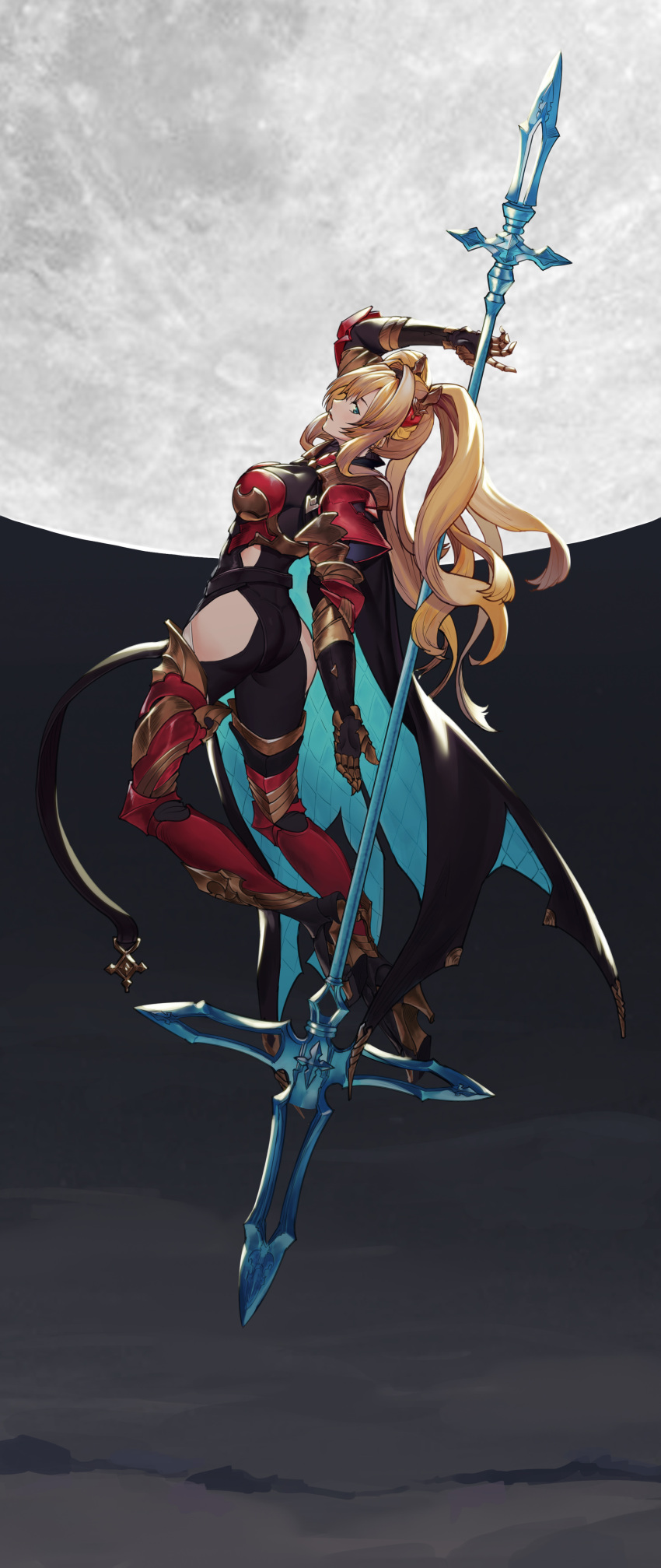 absurdres armor blue_eyes female from_side full_moon granblue_fantasy greaves high_heels highres holding holding_weapon moon polearm solo spear twintails unkobako weapon zeta_(granblue_fantasy)