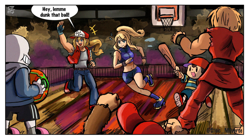 animal ball baseball_bat baseball_cap basketball basketball_(object) blonde_hair blue_eyes bone bra breasts commentary_request crossover denim diddy_kong donkey_kong_(series) dougi fatal_fury female fingerless_gloves gloves hat highres jacket jeans ken_masters long_hair metroid morph_ball mother_(game) mother_2 multiple_boys multiple_crossover muscular ness_(mother_2) pants ponytail samus_aran sans_(undertale) short_hair shorts skeleton smile snk stoic_seraphim street_fighter street_fighter_ii_(series) super_smash_bros. terry_bogard the_king_of_fighters undertale underwear