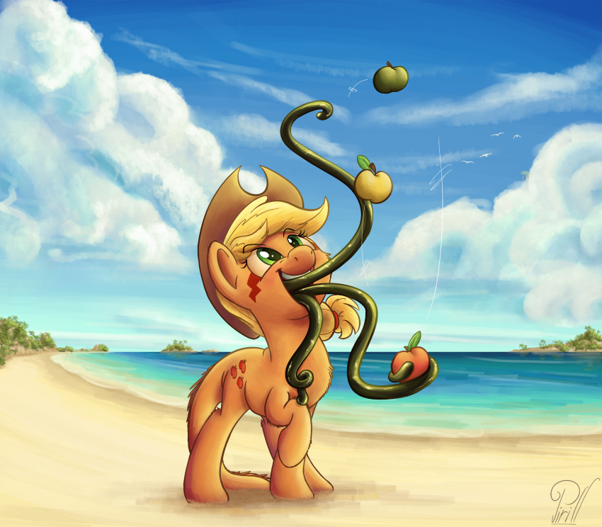 2014 absurd_res apple applejack_(mlp) beach blonde_hair clothing cloud cutie_mark detailed_background earth_pony equid equine female feral food friendship_is_magic fruit fur green_eyes hair hasbro hat headgear headwear hi_res horse juggling mammal my_little_pony orange_body orange_fur outside pirill-poveniy plant pony sand sea seaside sky solo standing tatzlpony tatzlwurm tentacle water