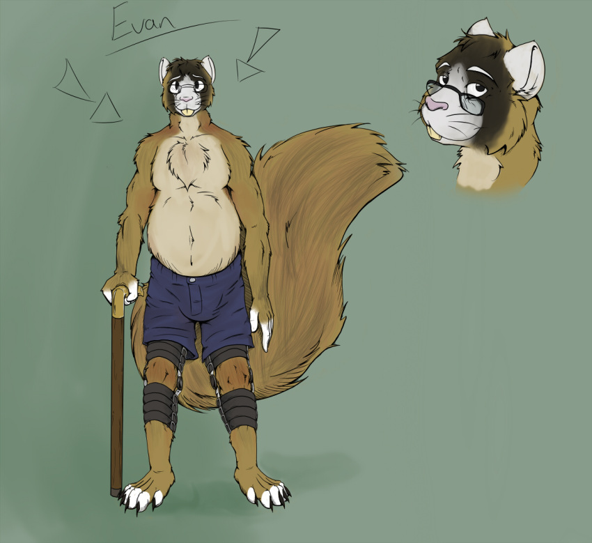 anthro barefoot biped bottomwear cane clothed clothing evan_(evanskvrl) eyewear feet fox_squirrel glasses leg_braces male mammal overweight overweight_anthro overweight_male rodent sciurid shorts skunkjunkie solo southern_fox_squirrel topless tree_squirrel