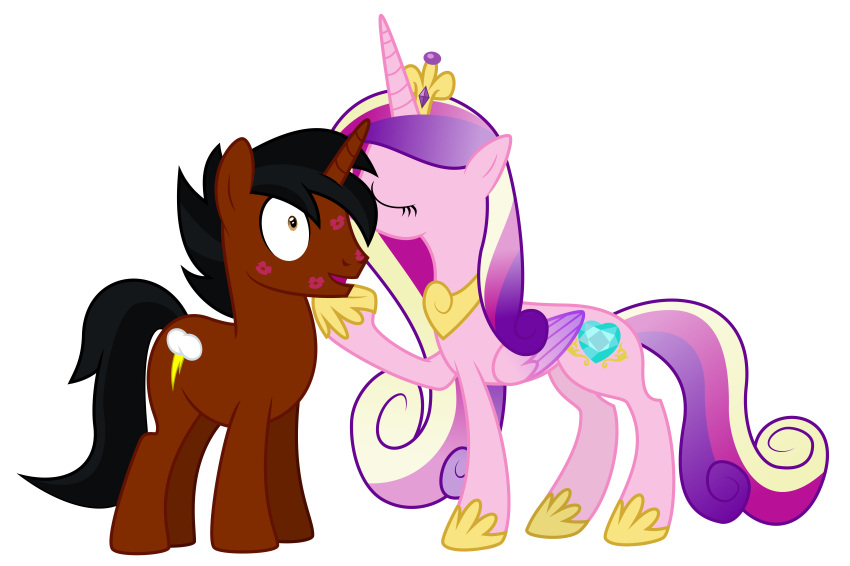 2014 absurd_res alicorn alpha_channel black_hair brown_body brown_fur closed_eyes crown cutie_mark duo equid equine fan_character feathered_wings feathers female feral friendship_is_magic fur hair hasbro headgear hi_res horn kiss_mark kissing lipstick long_hair makeup male mammal masemj my_little_pony mythological_creature mythological_equine mythology open_mouth pink_body pink_feathers pink_fur princess_cadance_(mlp) royalty simple_background transparent_background unicorn wings