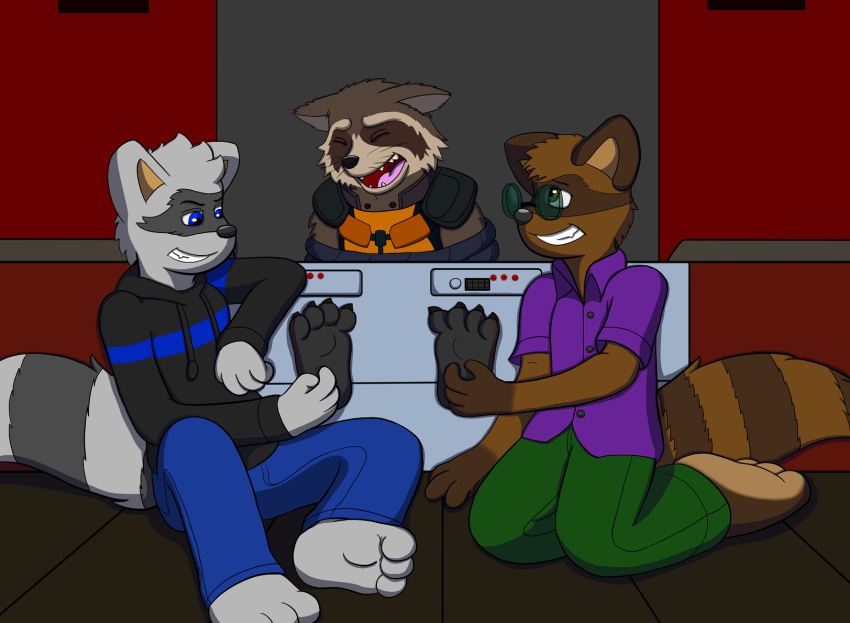 anthro bound chaos99 eyewear glasses group guardians_of_the_galaxy hi_res hindpaw laugh male mammal marvel paws procyonid raccoon rocket_raccoon tickling