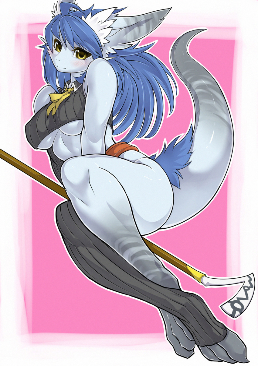 2014 anthro blue_hair blush bottomless breasts clothed clothing dragon female fur furred_dragon furred_scalie grey_body grey_skin hair hi_res looking_at_viewer mythological_creature mythological_scalie mythology noah_(artist) non-mammal_breasts scalie skimpy solo tail under_boob yellow_eyes