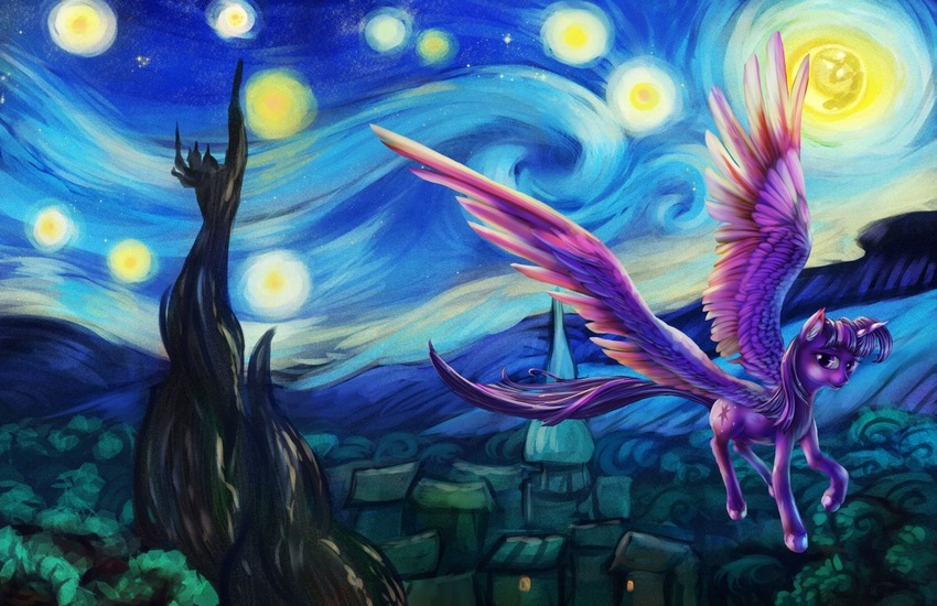 2014 alicorn cutie_mark detailed_background digital_media_(artwork) equid equine feathered_wings feathers female flying forest friendship_is_magic fur hair hasbro horn inspired_by_formal_art looking_at_viewer mammal moon multicolored_hair my_little_pony mythological_creature mythological_equine mythology night outside plant purple_body purple_eyes purple_feathers purple_fur purple_hair sky solo the_starry_night tower town tree twilight_sparkle_(mlp) two_tone_hair viwrastupr wings