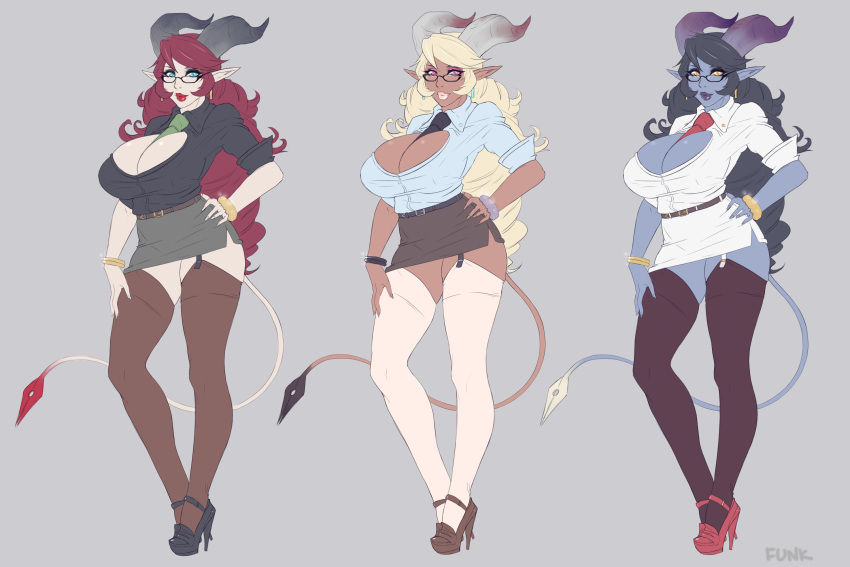 2014 3:2 big_breasts blonde_hair breasts clothed clothing demon eyewear female glasses group hair hi_res horn human humanoid humanoid_pointy_ears legwear lipstick liveforthefunk long_hair makeup mammal not_furry stockings