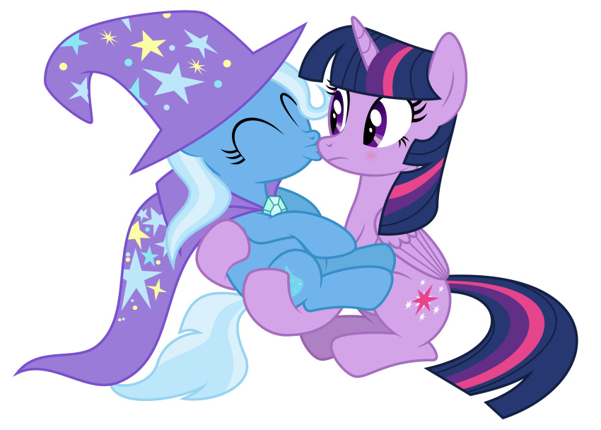 2014 absurd_res alicorn alpha_channel blue_body blue_fur digital_media_(artwork) duo equid equine feathered_wings feathers female feral friendship_is_magic fur hair hasbro hi_res horn kissing kissing_cheek mammal masemj multicolored_hair my_little_pony mythological_creature mythological_equine mythology purple_body purple_feathers purple_fur purple_hair simple_background transparent_background trixie_(mlp) twilight_sparkle_(mlp) two_tone_hair unicorn wings