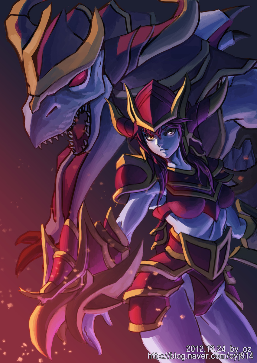 absurdres armor blue_skin colored_skin commentary_request dragon fake_horns female gauntlets helmet highres horned_helmet horns league_of_legends long_hair oz_(gerbera7) photoshop_(medium) purple_hair red_eyes shyvana solo yellow_eyes