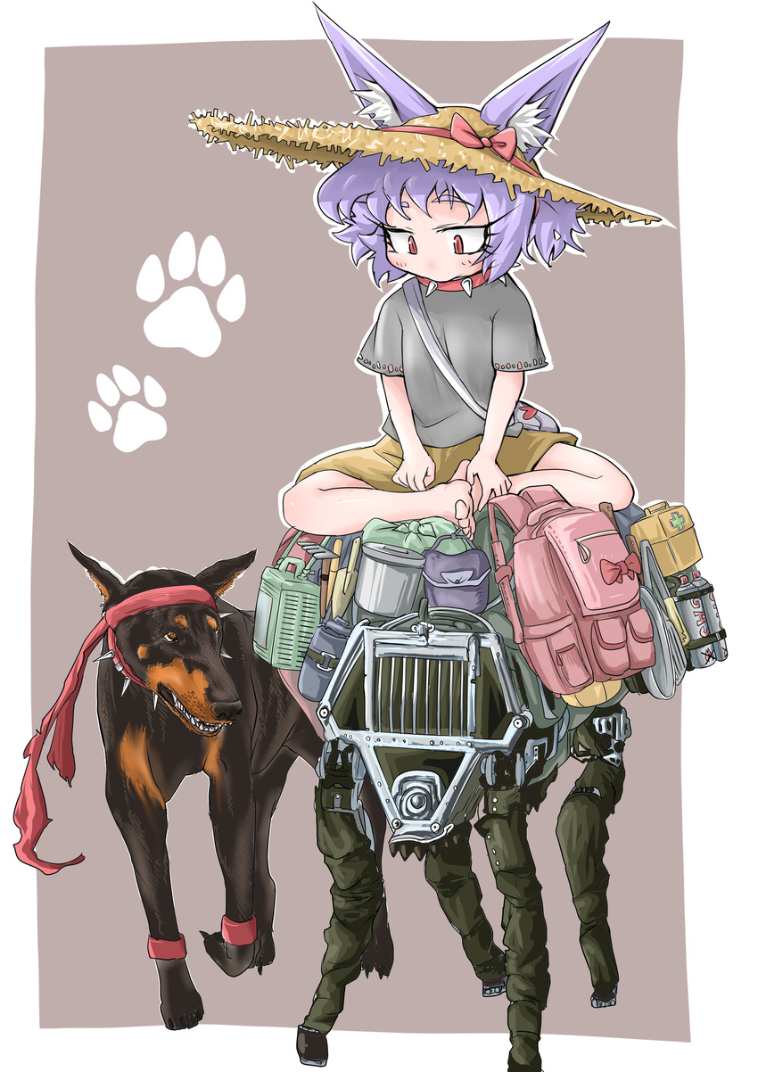 absurdres animal animal_ears bag bandana barefoot bigdog boston_dynamics bucket canine clothed_animal collar commentary dobermann dog_child_(doitsuken) dog_ears doitsuken ears_through_headwear female grey_shirt hat highres indian_style lolicon looking_at_another looking_down non-humanoid_robot original paw_print pouch purple_background red_eyes robot robot_animal school_bag shirt short_hair short_sleeves shorts sitting slit_pupils spiked_collar spikes straw_hat walking yellow_shorts yurie_mouth