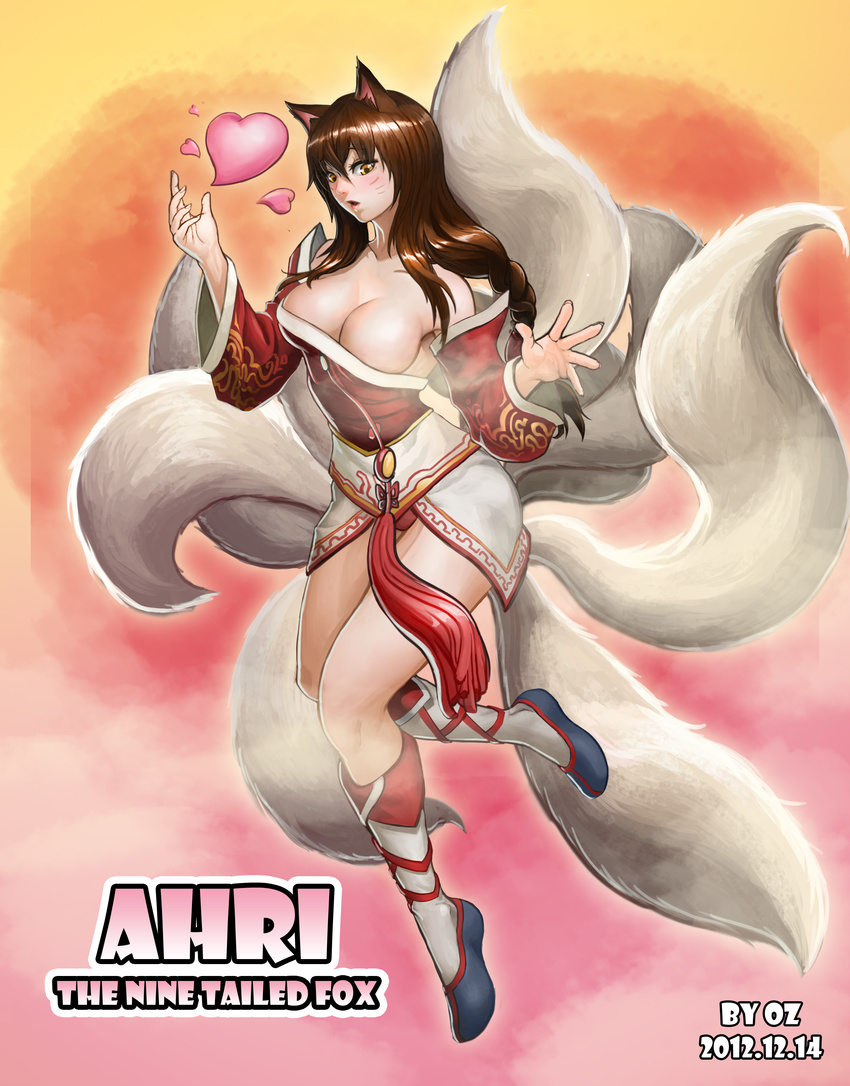 absurdres ahri_(league_of_legends) animal_ears bare_shoulders blush boots braid breasts brown_hair character_name cleavage commentary_request dated detached_sleeves facial_mark female fox_ears fox_tail heart highres korean_clothes korean_commentary large_breasts league_of_legends long_hair low_neckline multiple_tails oz_(gerbera7) photoshop_(medium) single_braid solo tail whisker_markings yellow_eyes