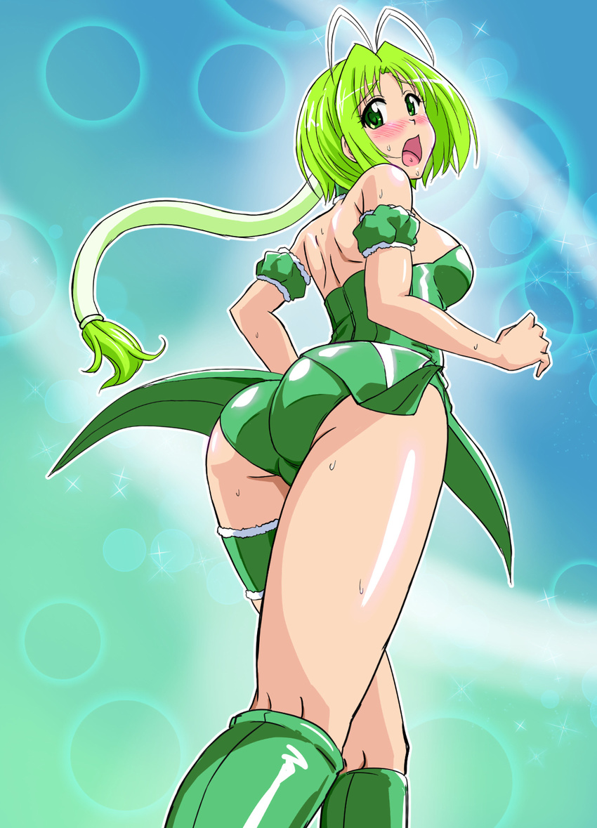 ass asu_(hengaya) bare_shoulders blue_background blush boots breasts bridal_garter commentary_request detached_sleeves female green_eyes green_hair green_leotard green_neckwear highres leotard long_hair looking_at_viewer looking_back magical_girl medium_breasts mew_lettuce midorikawa_lettuce open_mouth puffy_detached_sleeves puffy_sleeves solo tokyo_mew_mew