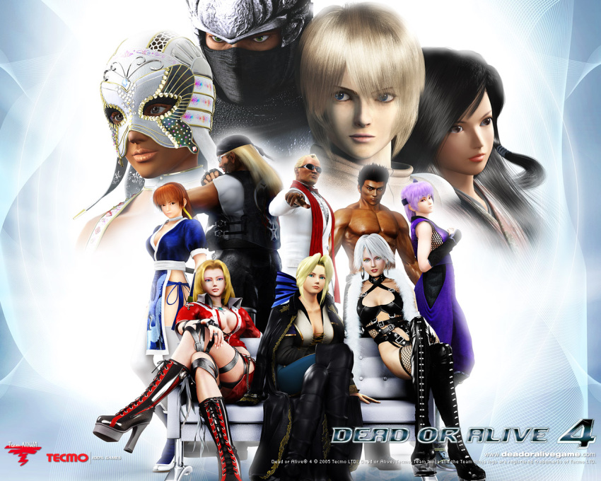 3d 5boys 6+girls ayane_(doa) bandana bass_armstrong black_hair blonde_hair boots breasts brown_hair christie_(doa) cleavage couch crossed_legs dark_skin dead_or_alive dead_or_alive_4 earrings eliot_(doa) everyone fishnets headband helena_douglas high_heels jann_lee jewelry kasumi_(doa) kokoro_(doa) la_mariposa large_breasts leon_(doa) lisa_hamilton mask medium_breasts multiple_boys multiple_girls ninja official_art official_wallpaper purple_hair ryu_hayabusa shoes sitting sunglasses thigh_boots thighhighs tina_armstrong topless_male very_dark_skin white_hair