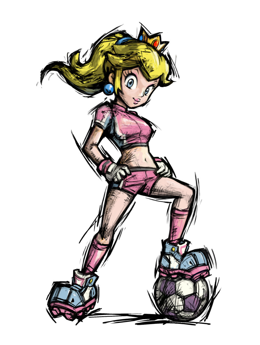 absurdres alternate_hairstyle ball bike_shorts blonde_hair blue_eyes cleats crop_top crown earrings eyelashes female flipped_hair full_body gem gloves hair_tie hair_up hands_on_own_hips hat high_ponytail highres jewelry kneehighs legs_apart light_smile lipstick long_hair looking_at_viewer makeup mario_(series) mario_strikers masanori_sato midriff navel official_alternate_costume official_art photoshop_(medium) pink_lips pink_socks playing_sports ponytail princess_peach shoes short_sleeves sidelocks simple_background sketch smile sneakers soccer soccer_ball soccer_uniform socks solo sphere_earrings sportswear standing strikers_peach super_mario_strikers telstar turtleneck uniform white_background white_gloves